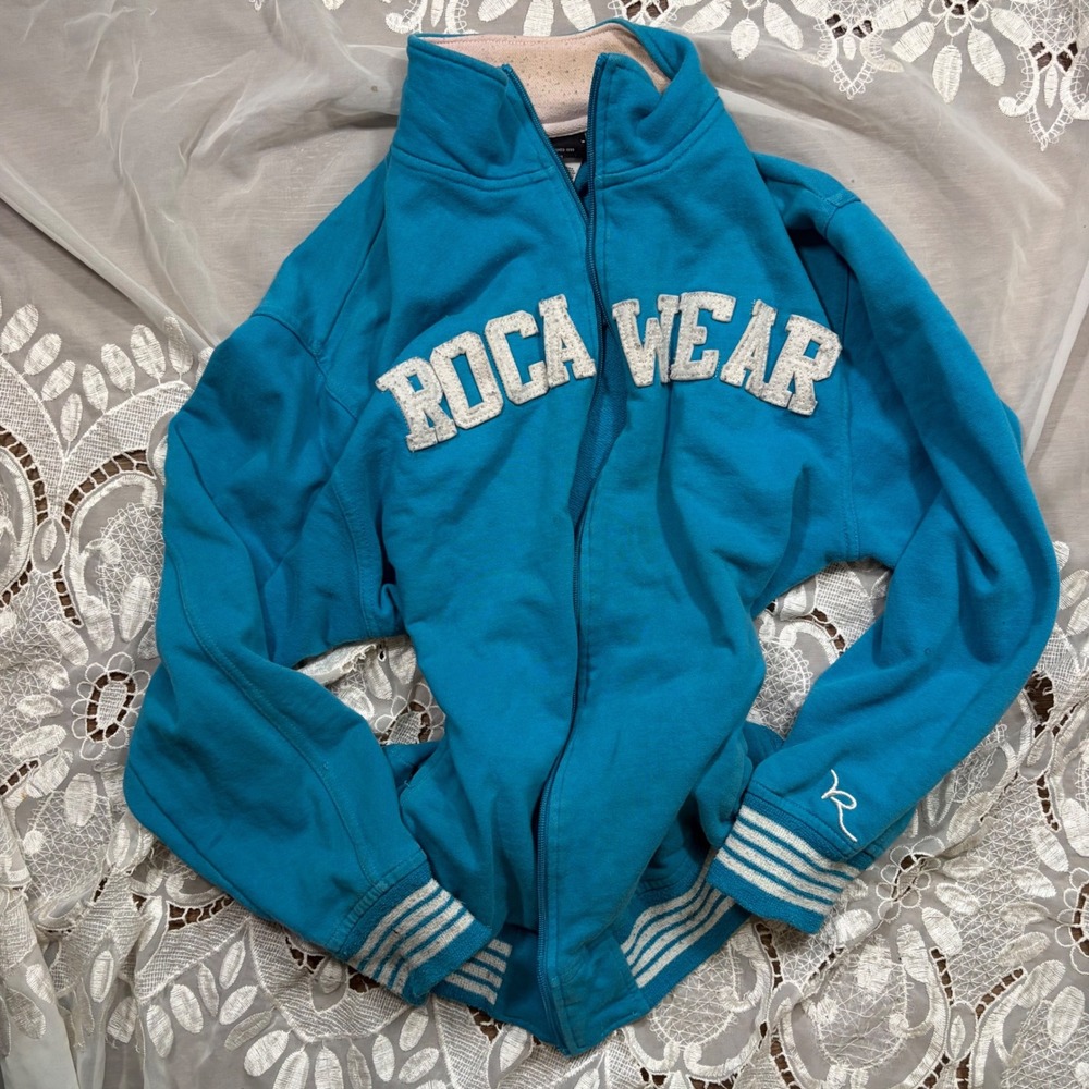 Rocawear Womens Blue Chenille Logo Zip Up Sweatshirt Large 14-16 Y2K Streetwear